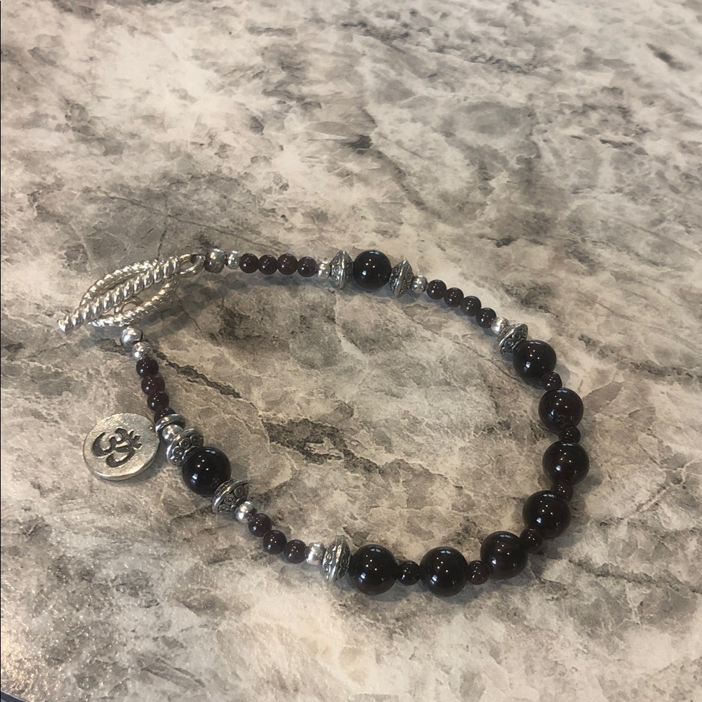 Vintage Garnet Gemstone Beaded Bracelet with Toggle clasp and Om (Aum) Charm.